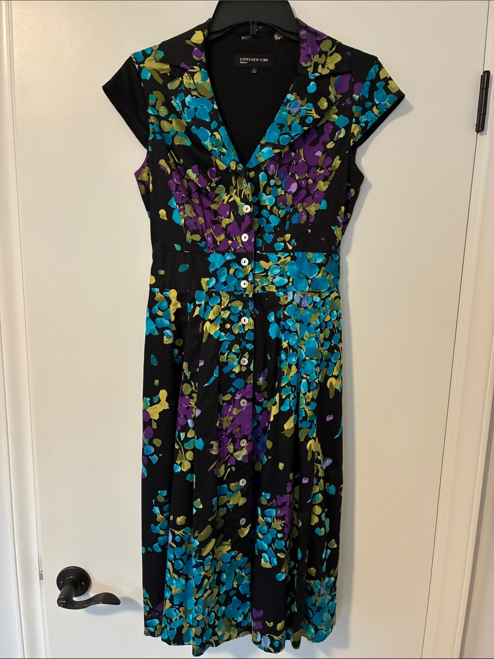 Jones New York Black Dress with Teal, Purple & Yellow Floral Print